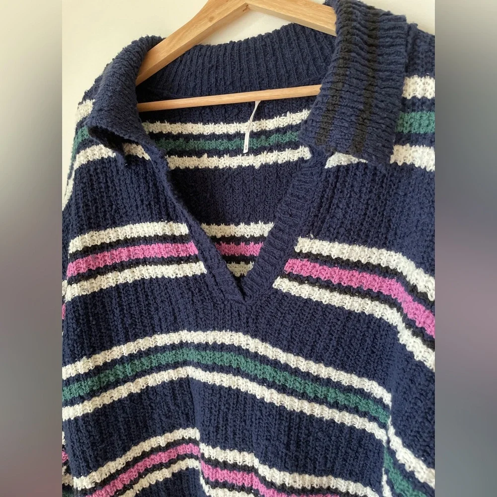 Free People Navy V-Neck Striped Sweater with Pink, Green & White Accents